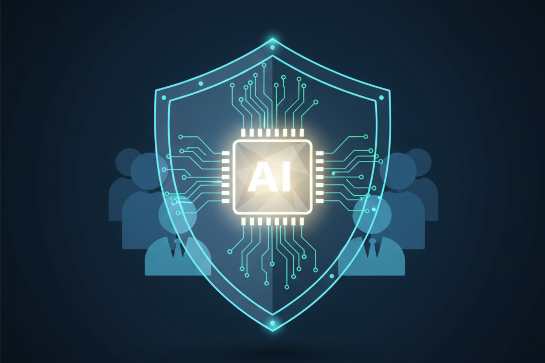 Digital shield protecting an AI chip with silhouettes of people behind it