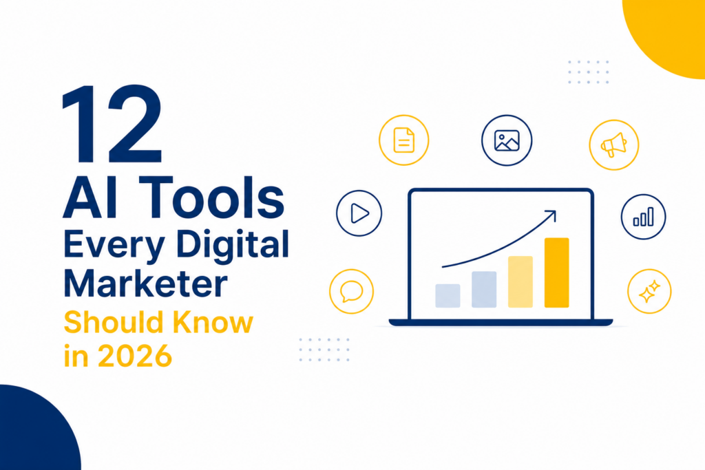 12 AI Tools Every Digital Marketer Should Know in 2026 – comparison of leading AI marketing tools for content creation, websites, ad creatives, research, automation, and productivity.