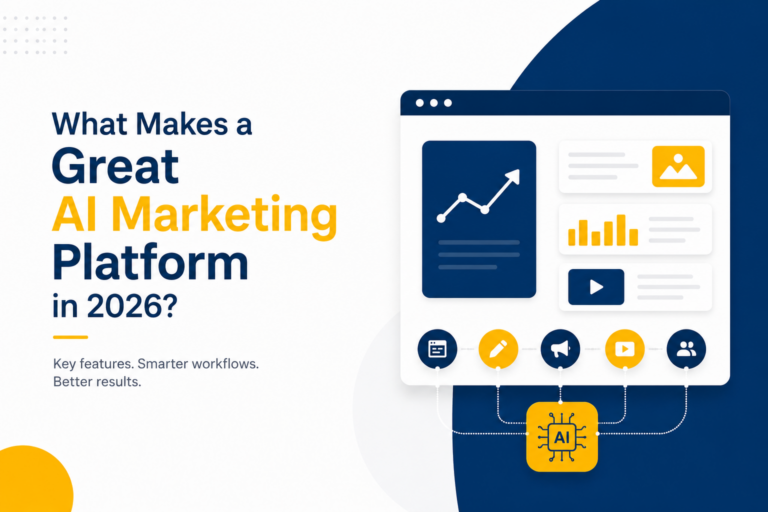 What makes a great AI marketing platform in 2026 featuring AI-powered marketing automation, website generation, content creation, analytics, and business growth tools.