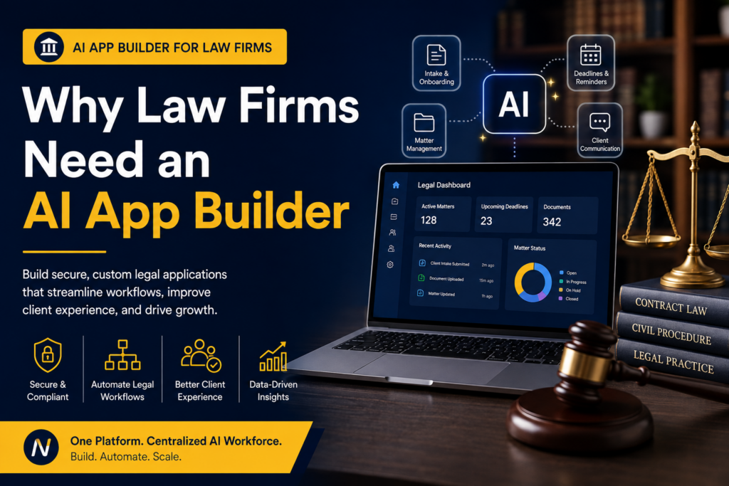 AI app builder for law firms with a legal dashboard, client workflow automation, and legal operations tools.