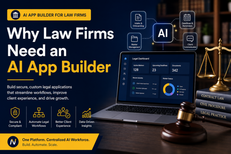 AI app builder for law firms with a legal dashboard, client workflow automation, and legal operations tools.