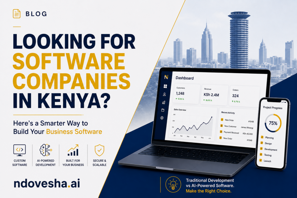 Premium business software visual featuring a modern digital dashboard against the Nairobi skyline, representing smarter software solutions for Kenyan businesses.