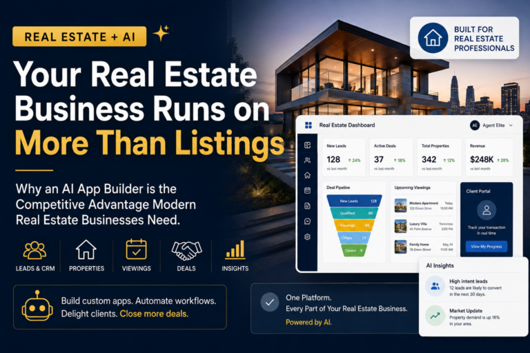 AI app builder for real estate showing a property dashboard with leads, deals, listings, viewings, client portals, revenue, and AI insights.