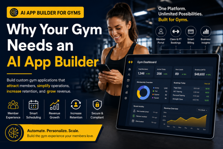 AI app builder for gyms with a gym dashboard showing memberships, class bookings, revenue, and member insights.