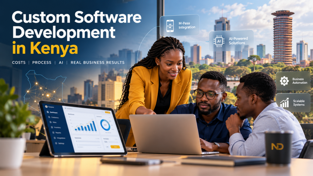 Kenyan business team planning custom software development with AI and digital business tools