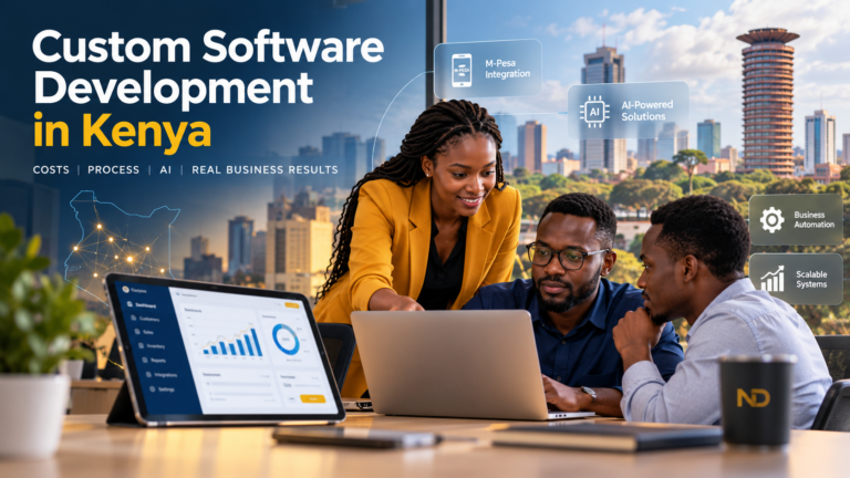 Kenyan business team planning custom software development with AI and digital business tools